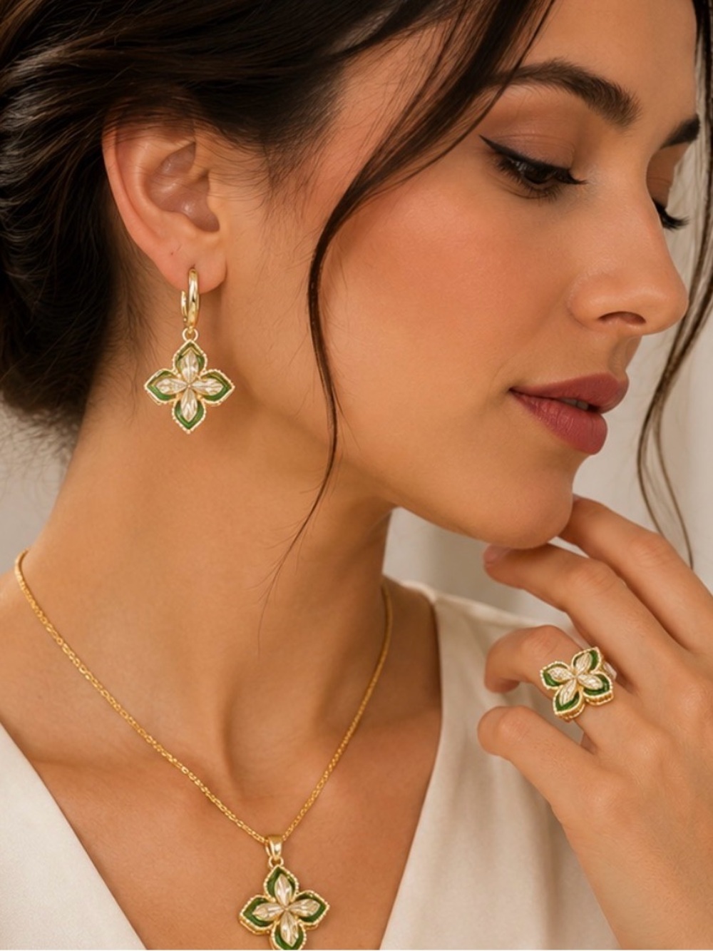 Gold Green Clover Jewelry Set | Floral Earrings, Pendant & Ring | Vintage Inspir